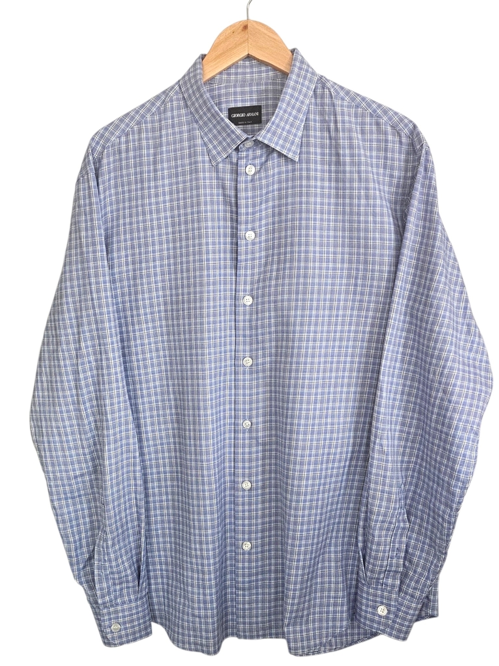 Vintage Giorgio Armani Blue & White Windowpane Check Dress Shirt Made In Italy
